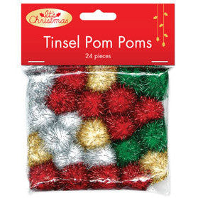 Tinsel Pom Poms 24pc - Christmas Colours (Red, Green, Gold, White)
