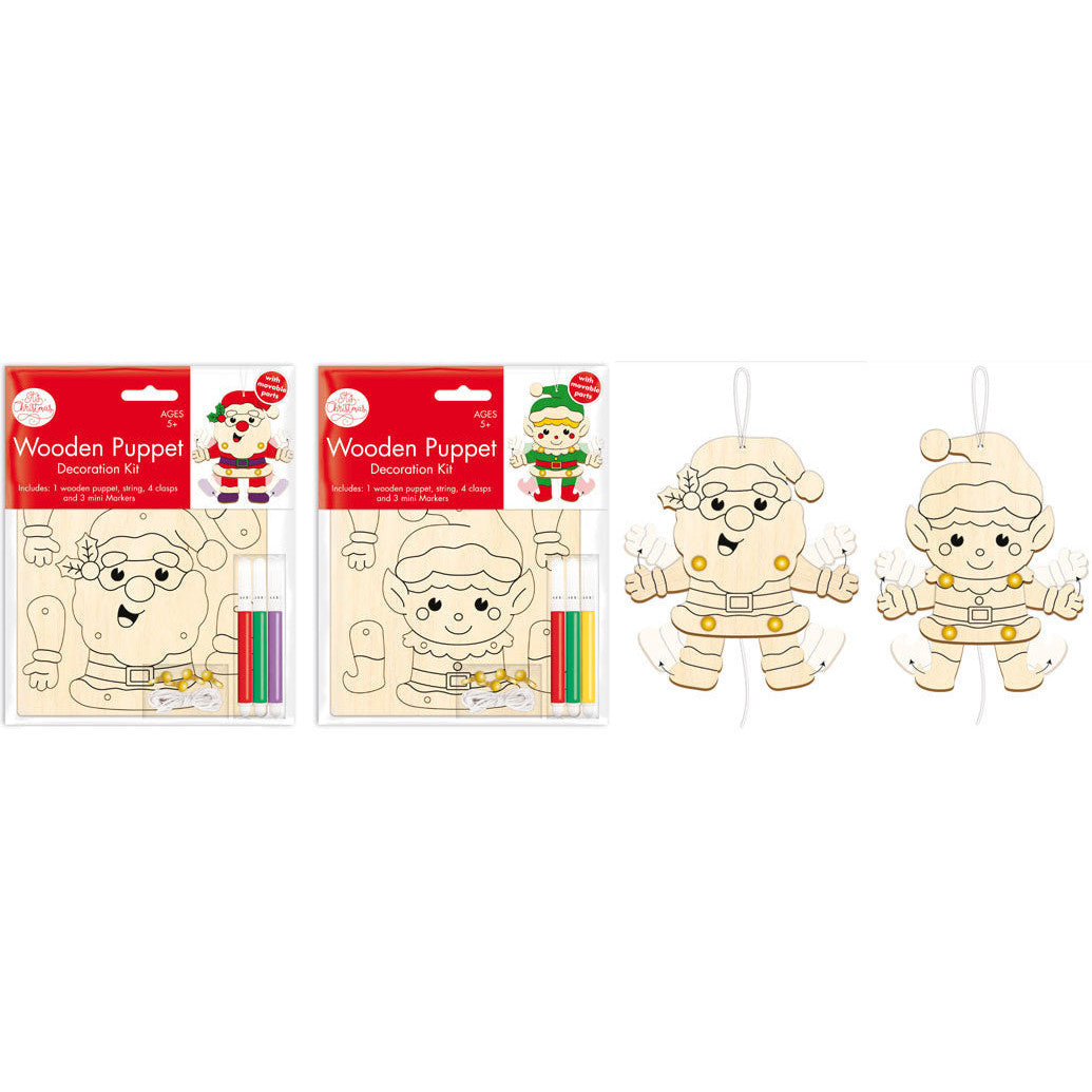 Colour and Assemble Wooden Santa & Elf Puppet Kits