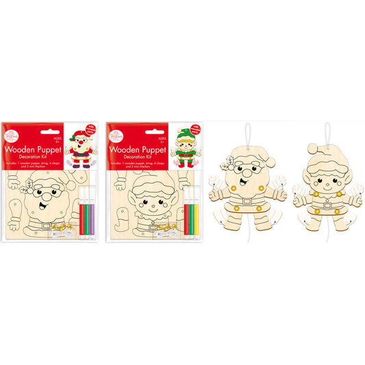 Colour and Assemble Wooden Santa & Elf Puppet Kits