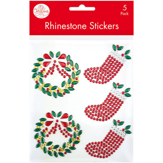 Rhinestone Stickers Wreaths & Stockings 5pcs
