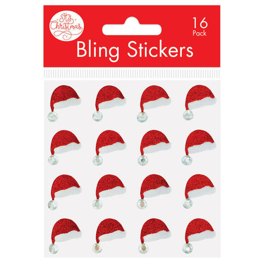 Santa Hat Glitter Bling Stickers 16pk
