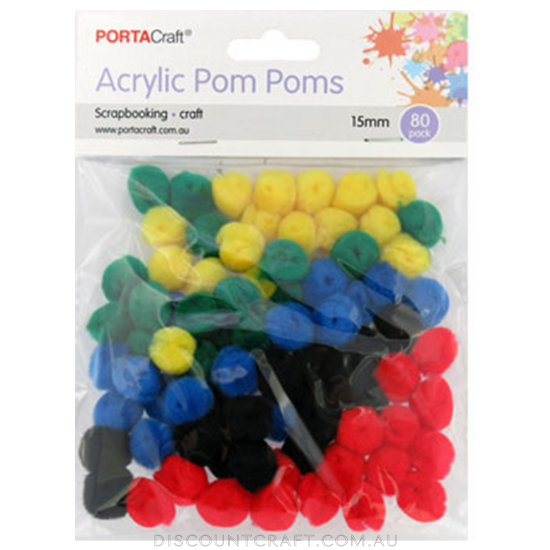 Acrylic Pom Poms 15mm 80pk Primary Colours Discount Craft