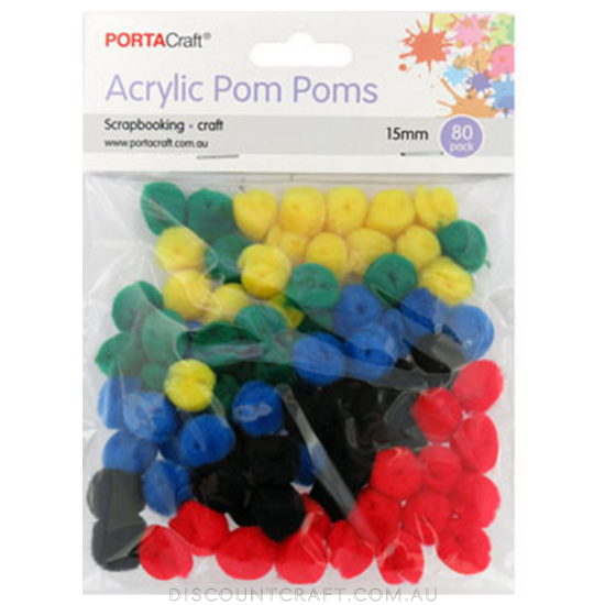 Acrylic Pom Poms 15mm 80pk - Primary Colours