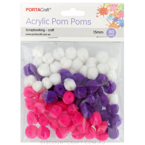 Acrylic Pom Poms 15mm 80pk - Pink, Purple & White