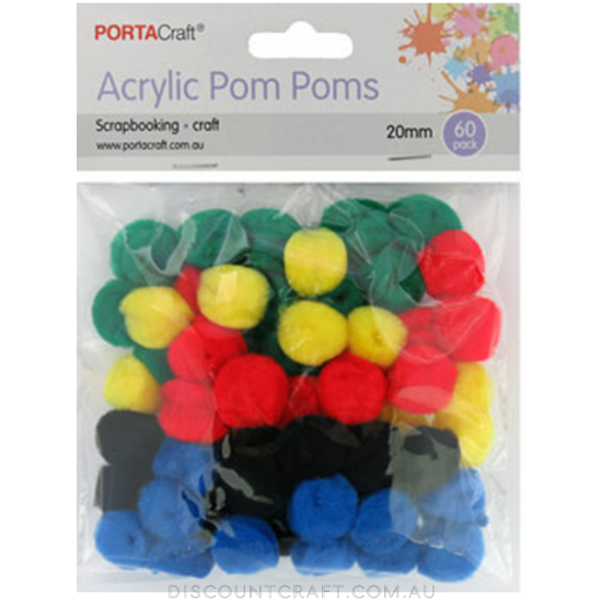 Acrylic Pom Poms 20mm 60pk - Primary Colours