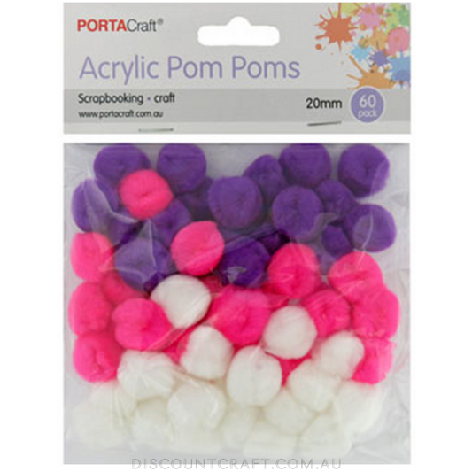 Acrylic Pom Poms 20mm 60pk - Pink, Purple & White