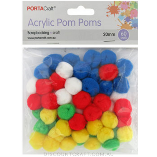 Acrylic Pom Poms 20mm 60pk - Bright Colours