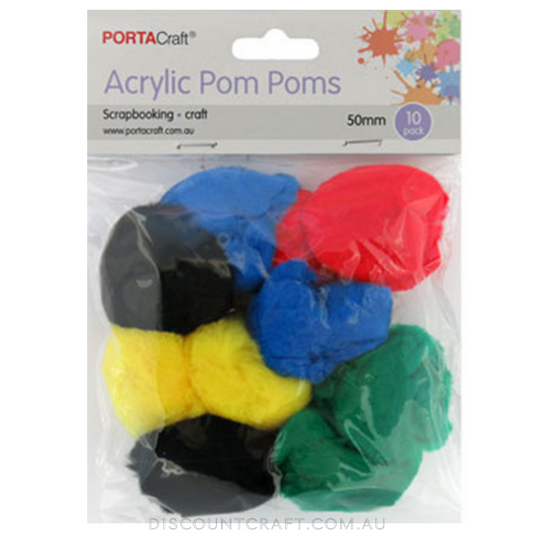 Acrylic Pom Poms 50mm 10pk - Primary Colours