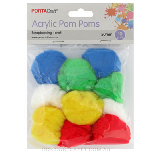 Acrylic Pom Poms 50mm 10pk - Bright Colours