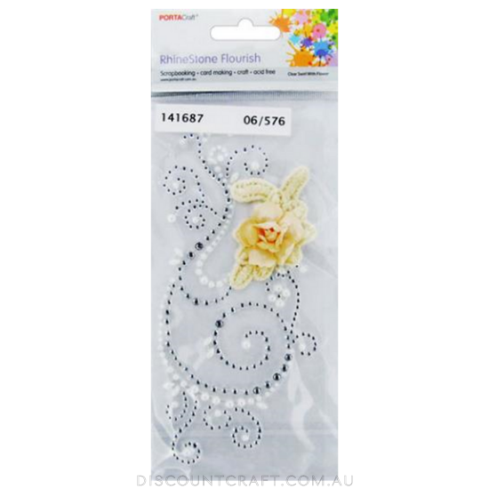 Rhinestone Flourish Swirl w Flower & Pearls Clear