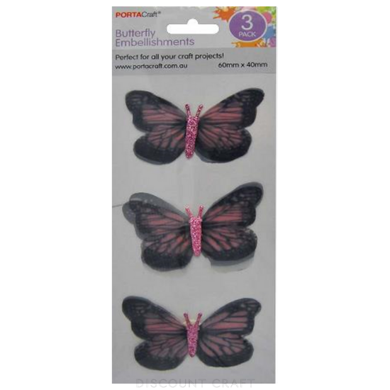 Butterfly Stickers 60x40mm 3pk - Black & Pink