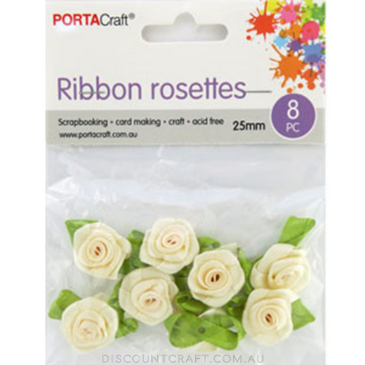 Rosettes Ribbon 25mm  8pk with Leaves - Cream