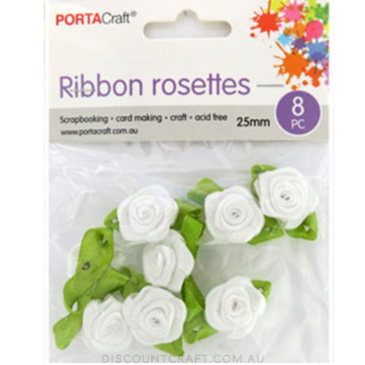 Rosettes Ribbon 25mm  8pk with Leaves - White