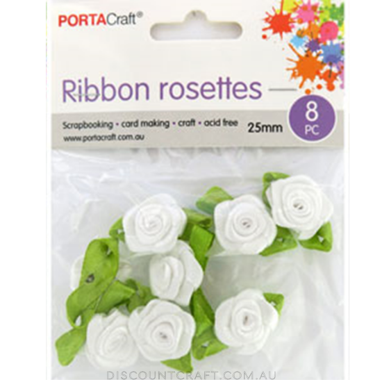 Rosettes Ribbon 25mm  8pk with Leaves - White