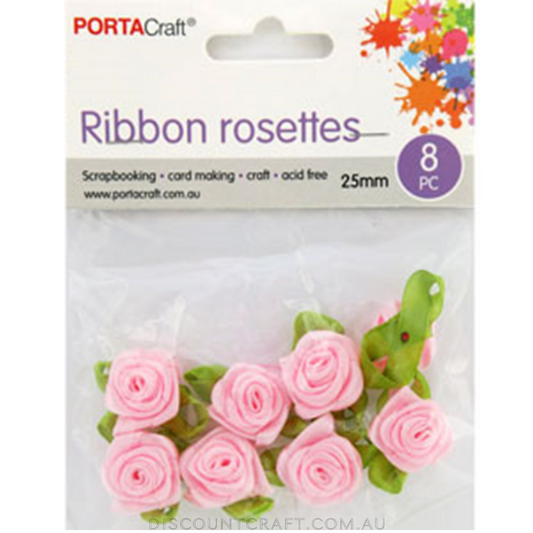 Rosettes Ribbon 25mm  8pk with Leaves - Baby Pink