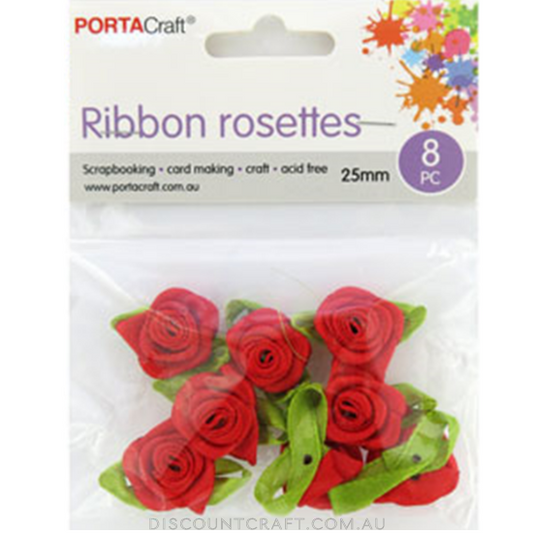 Rosettes Ribbon 25mm  8pk with Leaves - Red