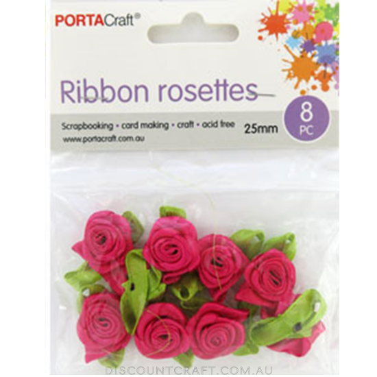 Rosettes Ribbon 25mm  8pk with Leaves - Hot Pink