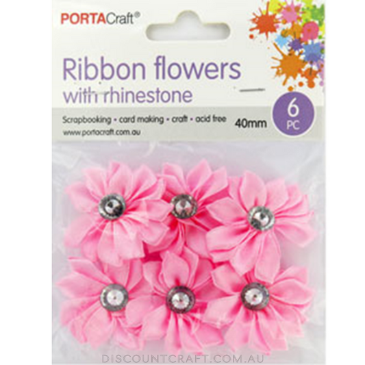 Ribbon Flowers with Rhinestones 40mm 6pk - Baby Pink