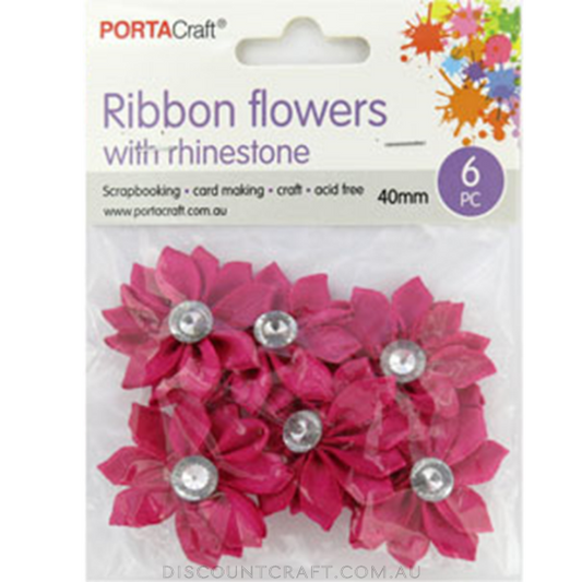 Ribbon Flowers with Rhinestones 40mm 6pk - Hot Pink