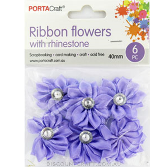 Ribbon Flowers with Rhinestones 40mm 6pk - Lavender