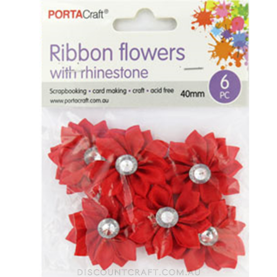 Ribbon Flowers with Rhinestones 40mm 6pk - Red