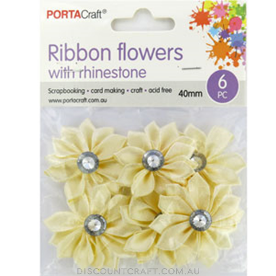 Ribbon Flowers with Rhinestones 40mm 6pk - Cream