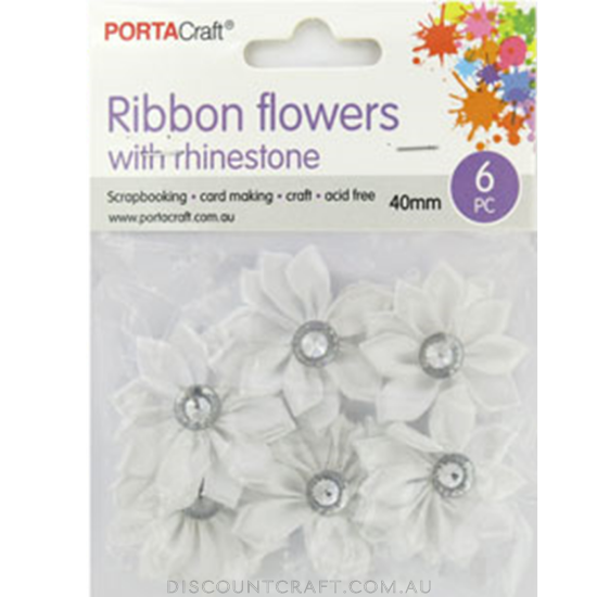 Ribbon Flowers with Rhinestones 40mm 6pk - White