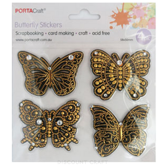 Butterfly Stickers with Rhinestones 58x55mm 4pack - Gold