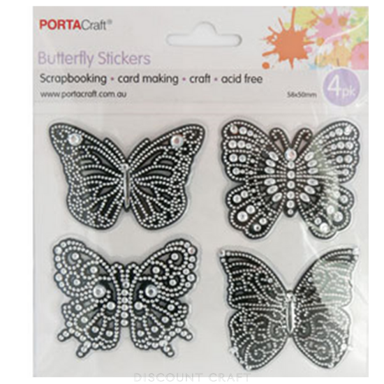 Butterfly Stickers with Rhinestones 58x55mm 4pack - Silver