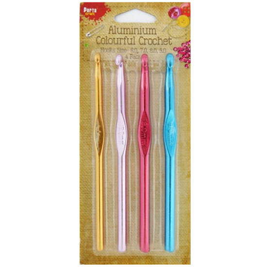 Aluminium Crochet Hooks - Size 6,7,8,9 Multi Colour 4pk