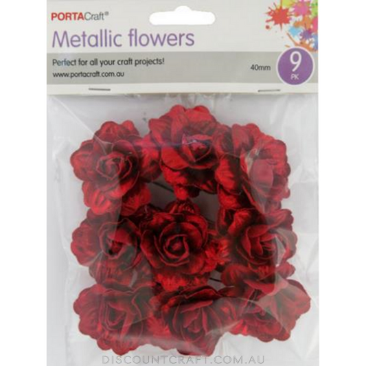 Flowers Metallic 40mm 9pk Open Roses Deep Red