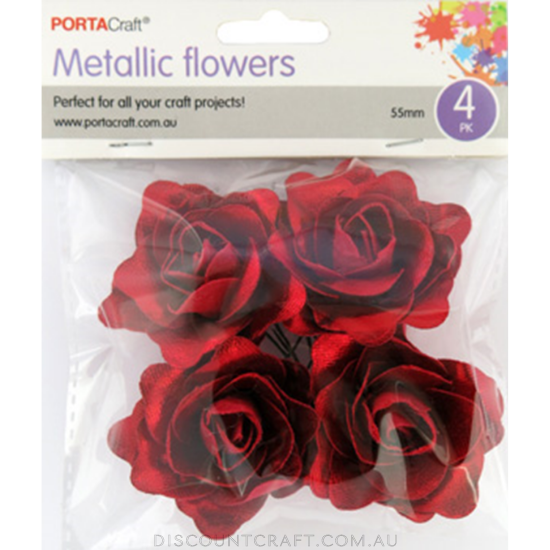 Flowers Metallic 55mm 4pk Open Roses Deep Red
