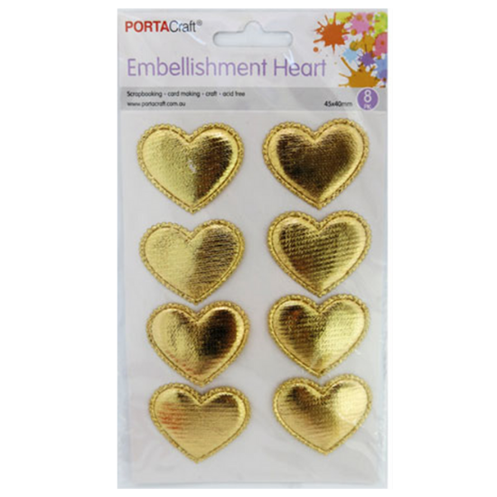Puffy Metallic Stickers 45x40mm 8pc Hearts - Gold
