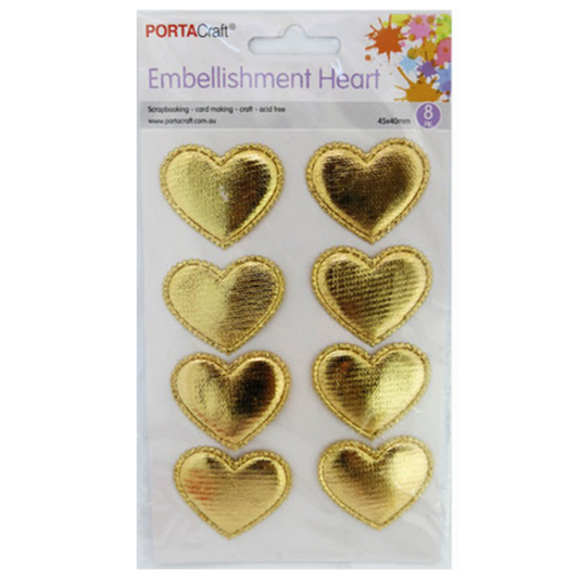 Puffy Metallic Stickers 45x40mm 8pc Hearts - Gold