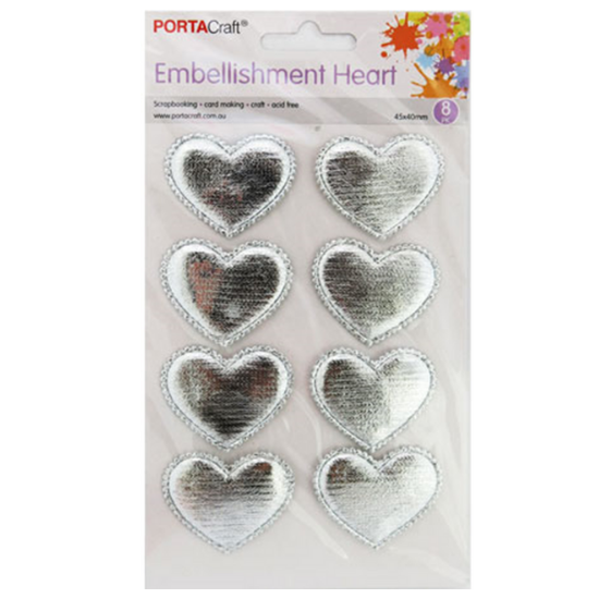 Puffy Metallic Stickers 45x40mm 8pc Hearts - Silver