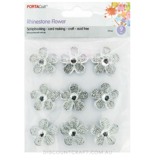 Rhinestone Decal Flowers 27mm 9pc Clear