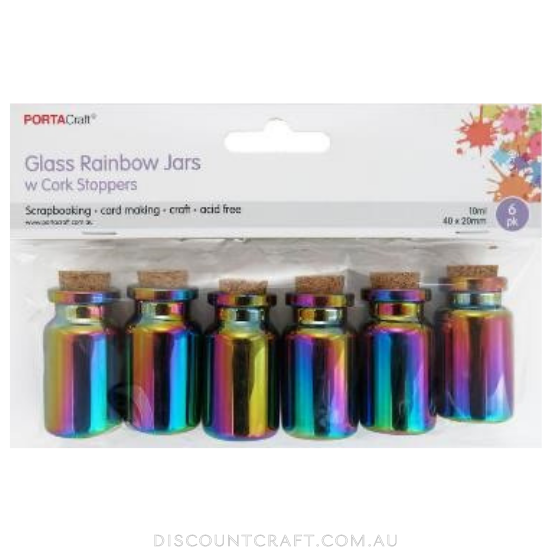 Glass Jars 40x20mm 6pk with Cork Stoppers - Rainbow