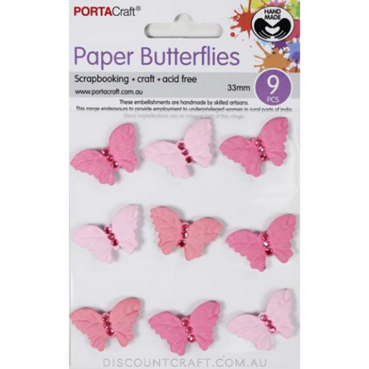 Handmade Paper Butterflies 33mm 9pk with Rhinestones - Pink
