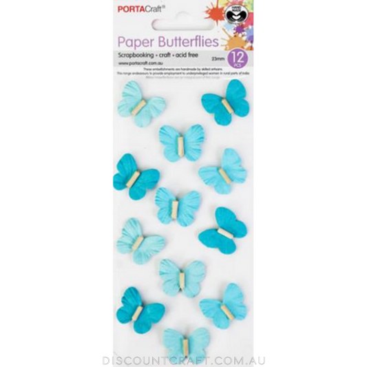 Handmade Paper Butterflies 23mm 12pk with Beads - Aquamarine
