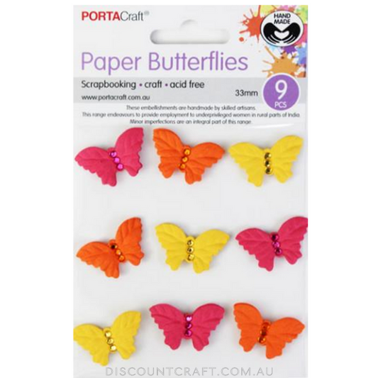 Handmade Paper Butterflies 33mm 9pk with Rhinestones - Sunset