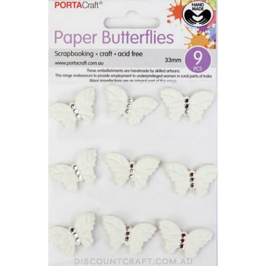 Handmade Paper Butterflies 33mm 9pk with Rhinestones - Ivory