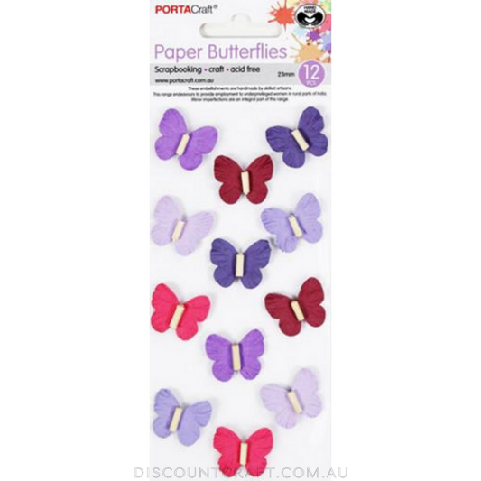 Handmade Paper Butterflies 23mm 12pk with Beads - Berry