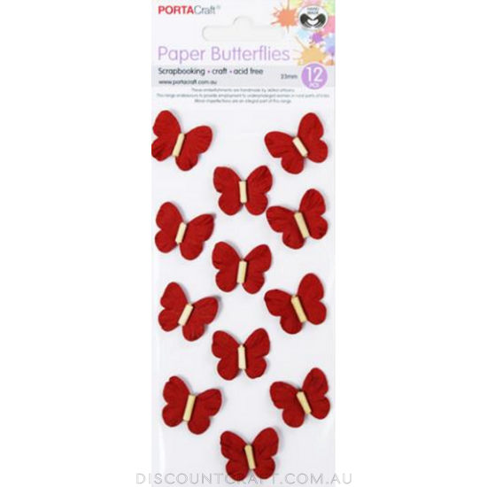 Handmade Paper Butterflies 23mm 12pk with Beads - Red