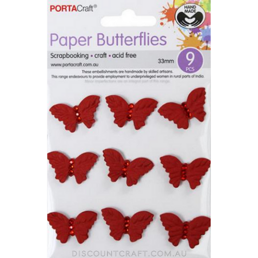 Handmade Paper Butterflies 33mm 9pk with Rhinestones - Red
