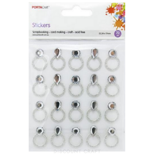 Glitter Stickers 24mm 20pk Wedding Rings with Rhinestones