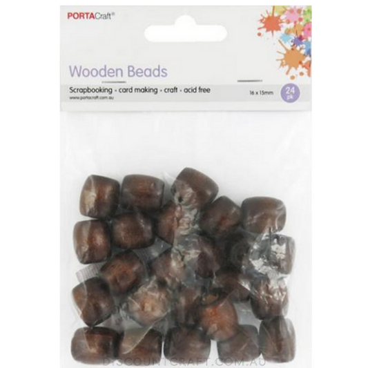 Beads Wooden  16mm 24pc - Barrel Walnut