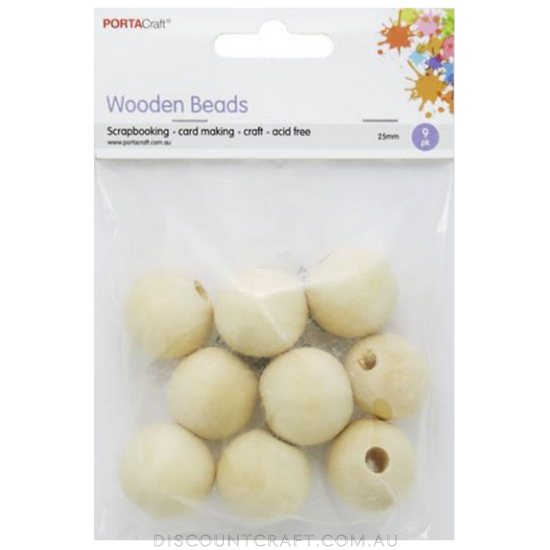 Beads Wooden  25mm  9pc - Round Natural