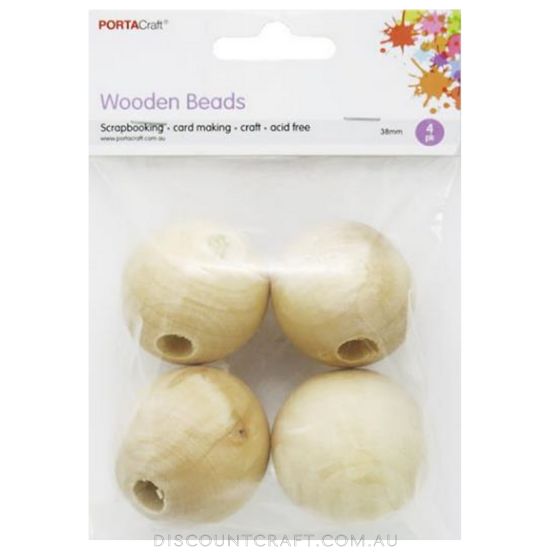 Beads Wooden  38mm  4pc - Round Natural