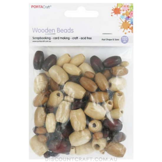 Beads Wooden Asst Sizes 120pc - Long Barrel Earth