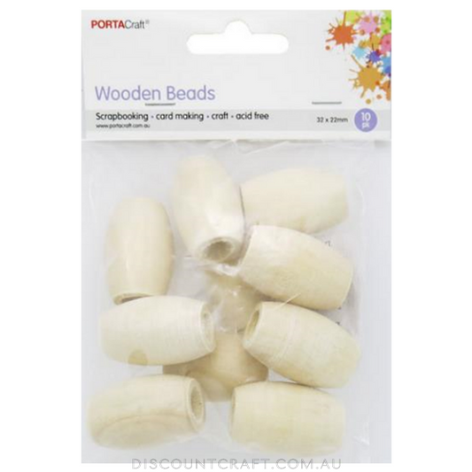 Beads Wooden  32x22mm 10pc - Long Barrel Natural
